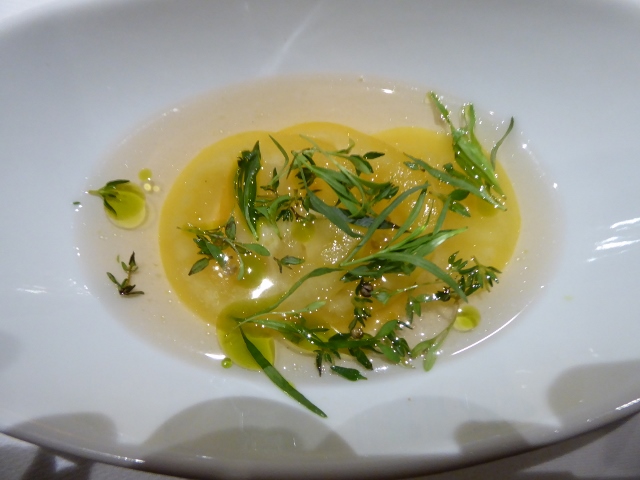 The first course was the Heirloom Tomato consomme.
